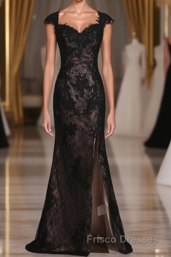 Black Off The Shoulder Sheath Formal Prom Dresses Lace&Tulle Floor Length With Applique & Slit Main image