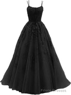 Women's Lace Appliques Prom Dresses Long Spaghetti Strap Ball Gowns Tulle Formal Dresses for Party
