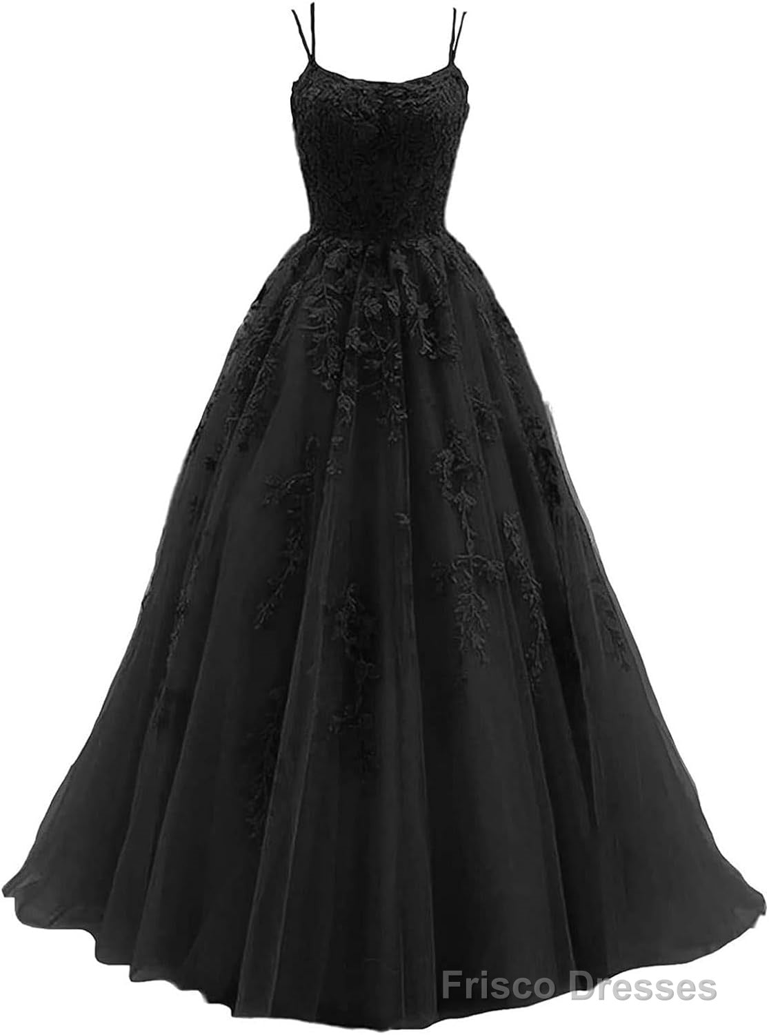 Womens Lace Appliques Prom Dresses Long Spaghetti Strap Ball Gowns Tulle Formal Dress for Party