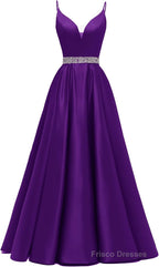Spaghetti Straps Prom Dresses Long Satin Beaded V-Neck Formal Evening Party Ball Gowns with Pockets