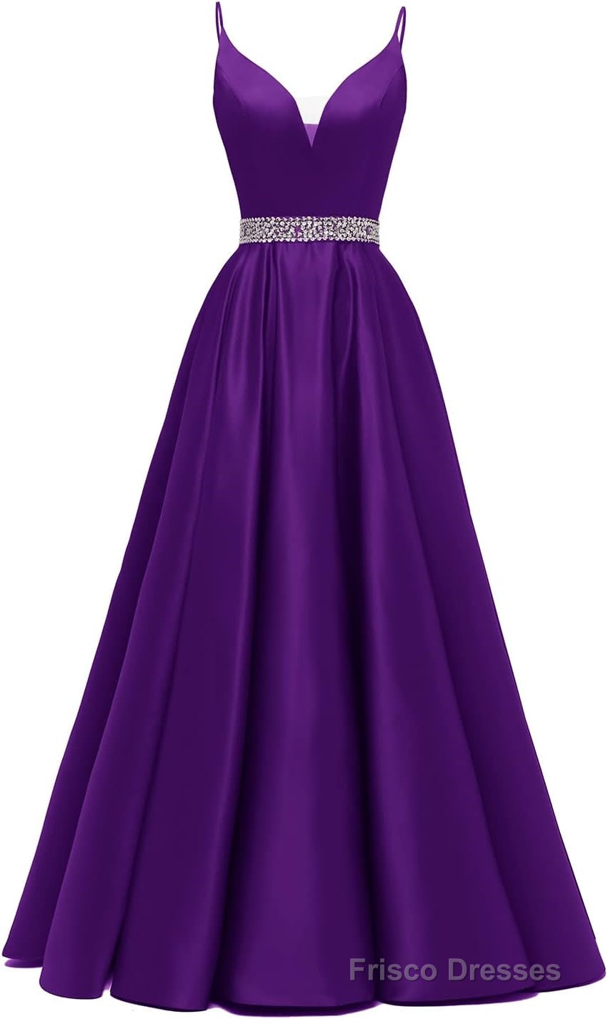 Spaghetti Straps Prom Dresses Long Satin Beaded V-Neck Formal Evening Party Ball Gowns with Pockets