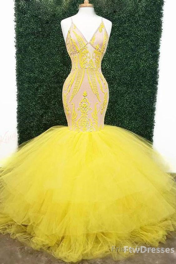yellow sexy prom dresses with deep v neck lace appliques mermaid evening gowns Main image