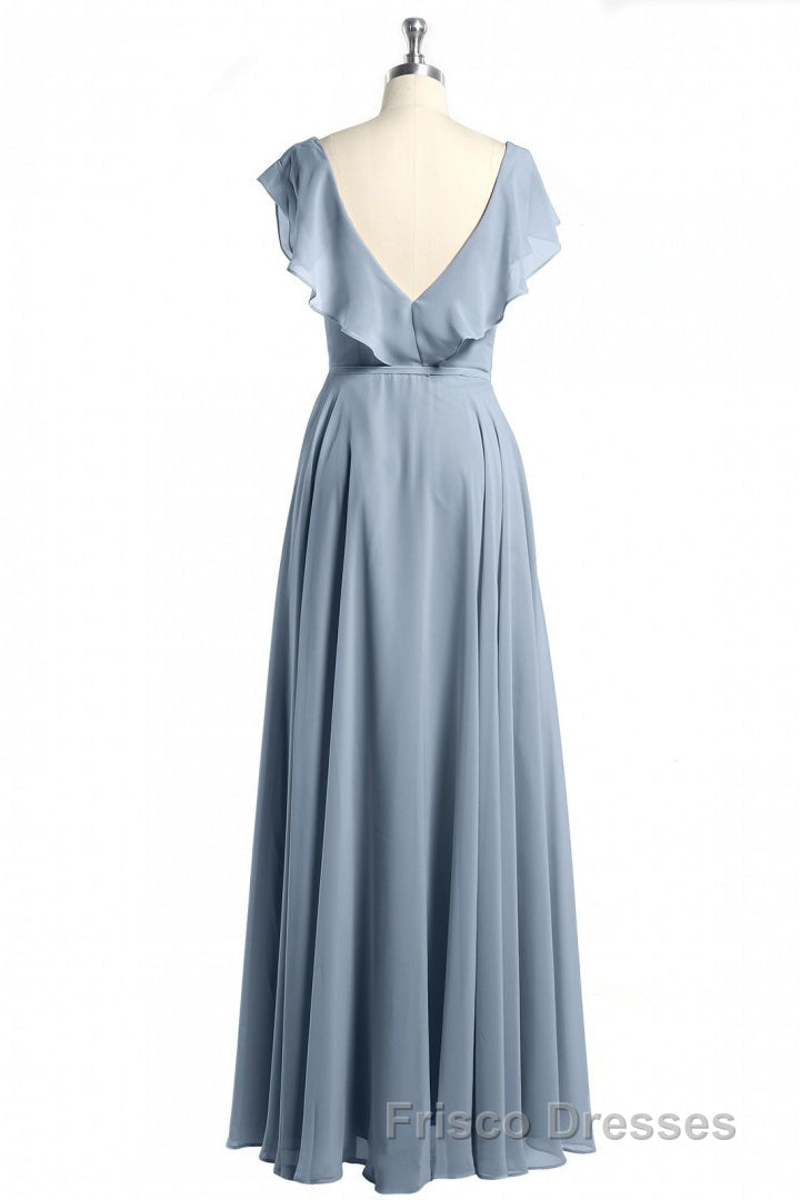 Dusty Blue V-Neck Backless Ruffled A-Line Long Bridesmaid Dress Secondary image