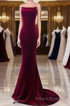 Simple Velvet Mermaid Burgundy Long Formal Prom Dresses, Burgundy Long Formal Dresses