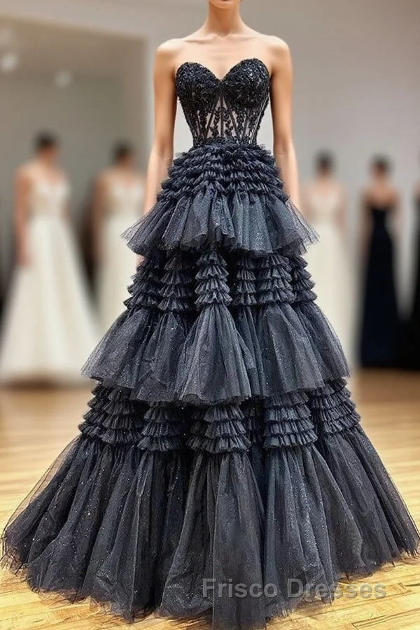 Black Sweetheart Neck Tulle Lace Long Formal Prom Dress, Black Formal Prom Evening Dress Main image