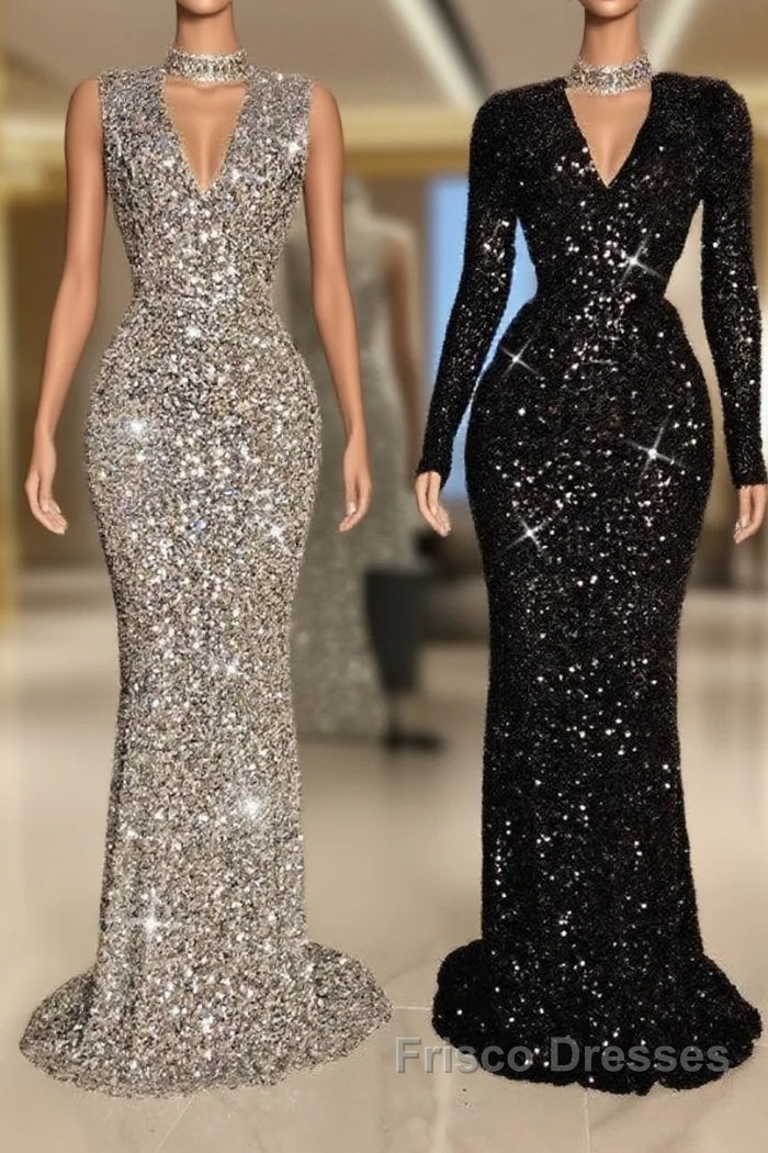 Glitter Long V-neck Sequined Floor Length Mermaid Formal Prom Dress with Sleeves Main image