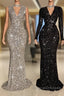 Glitter Long V-neck Sequined Floor Length Mermaid Formal Prom Dress with Sleeves