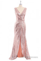 Rose Gold Sequin V-neck Long Formal Prom Dress with Slit
