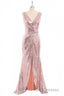Rose Gold Sequin V-neck Long Formal Prom Dress with Slit