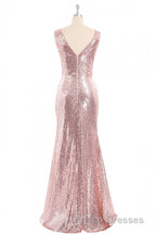Rose Gold Sequin V-neck Long Formal Prom Dress with Slit
