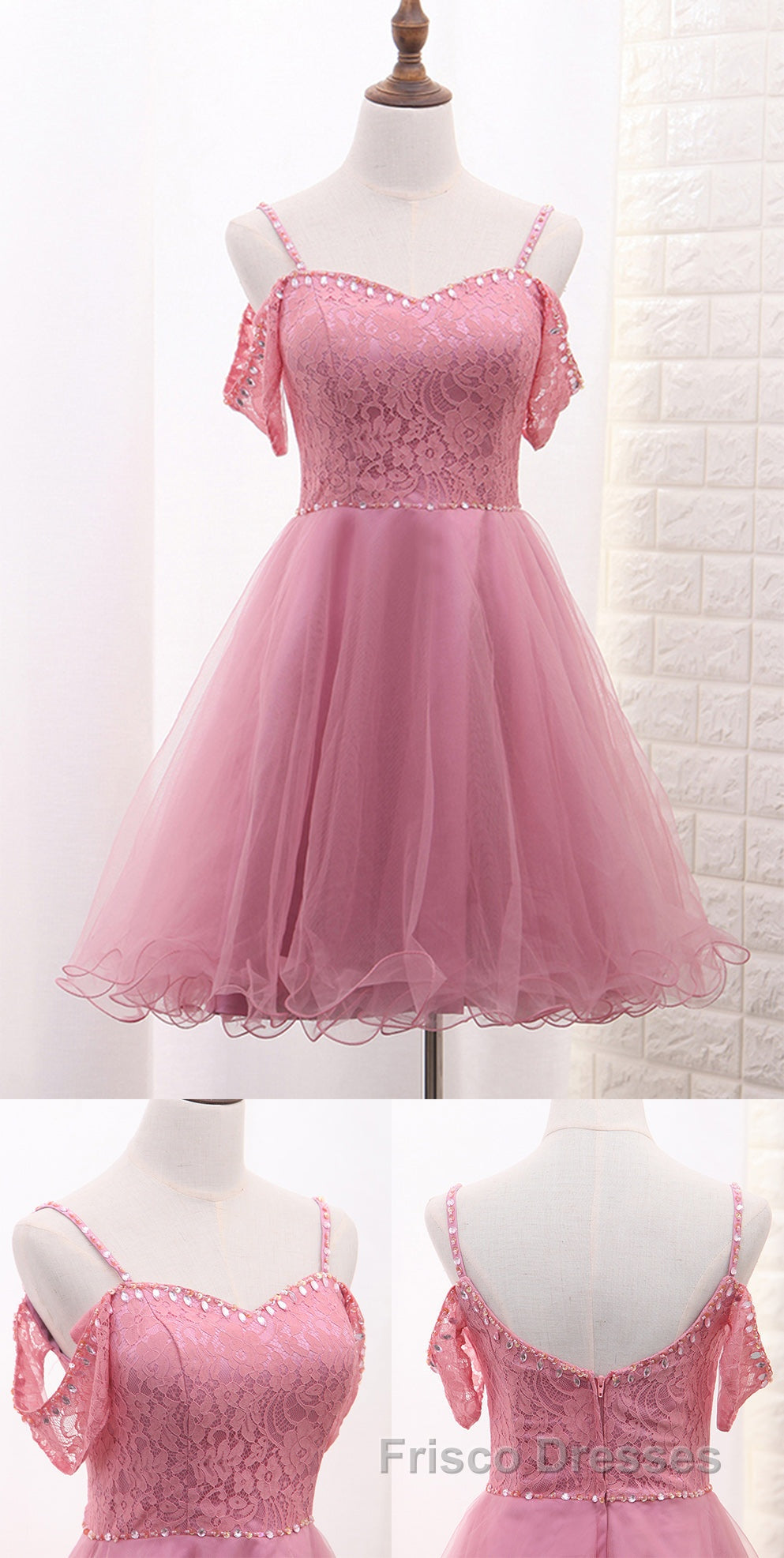 Chic Tulle Lace Spaghetti Strap With Beading Homecoming Dress