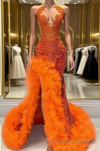 Orange Sleeveless Mermaid Formal Prom Dresses with Side Slit and Tulle Beadings