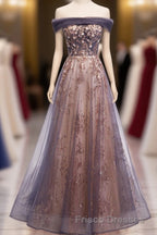 Unique Tulle Off Shoulder Lace Long Formal Prom Dress, Lace Formal Prom Dress