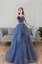 Blue Sweetheart Neck Tulle Long Prom Dress Blue Tulle Formal Dress