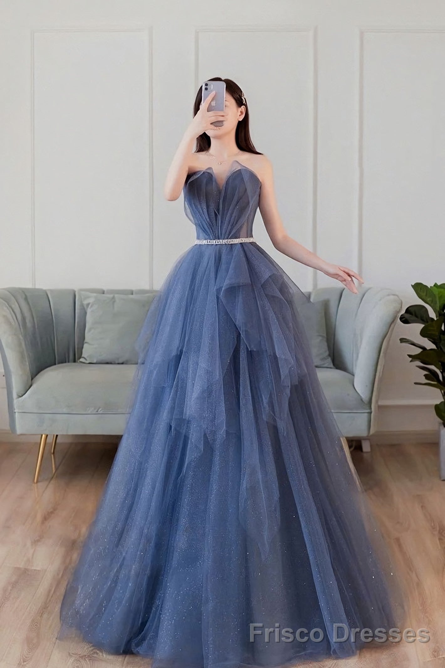 Blue Sweetheart Neck Tulle Long Prom Dress Blue Tulle Formal Dress
