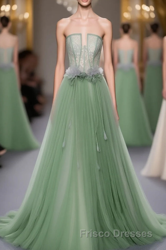 Green Tulle Lace Long Formal Prom Dress, Green Tulle Evening Dress, 3 Main image
