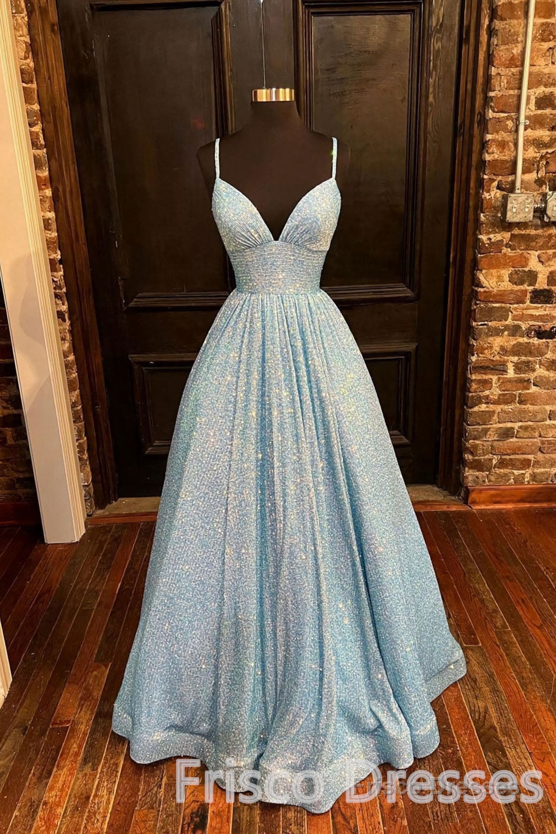 Blue A-Line V-Neck Simple Sequin Formal Evening Dresses Long Prom Dresses Main image