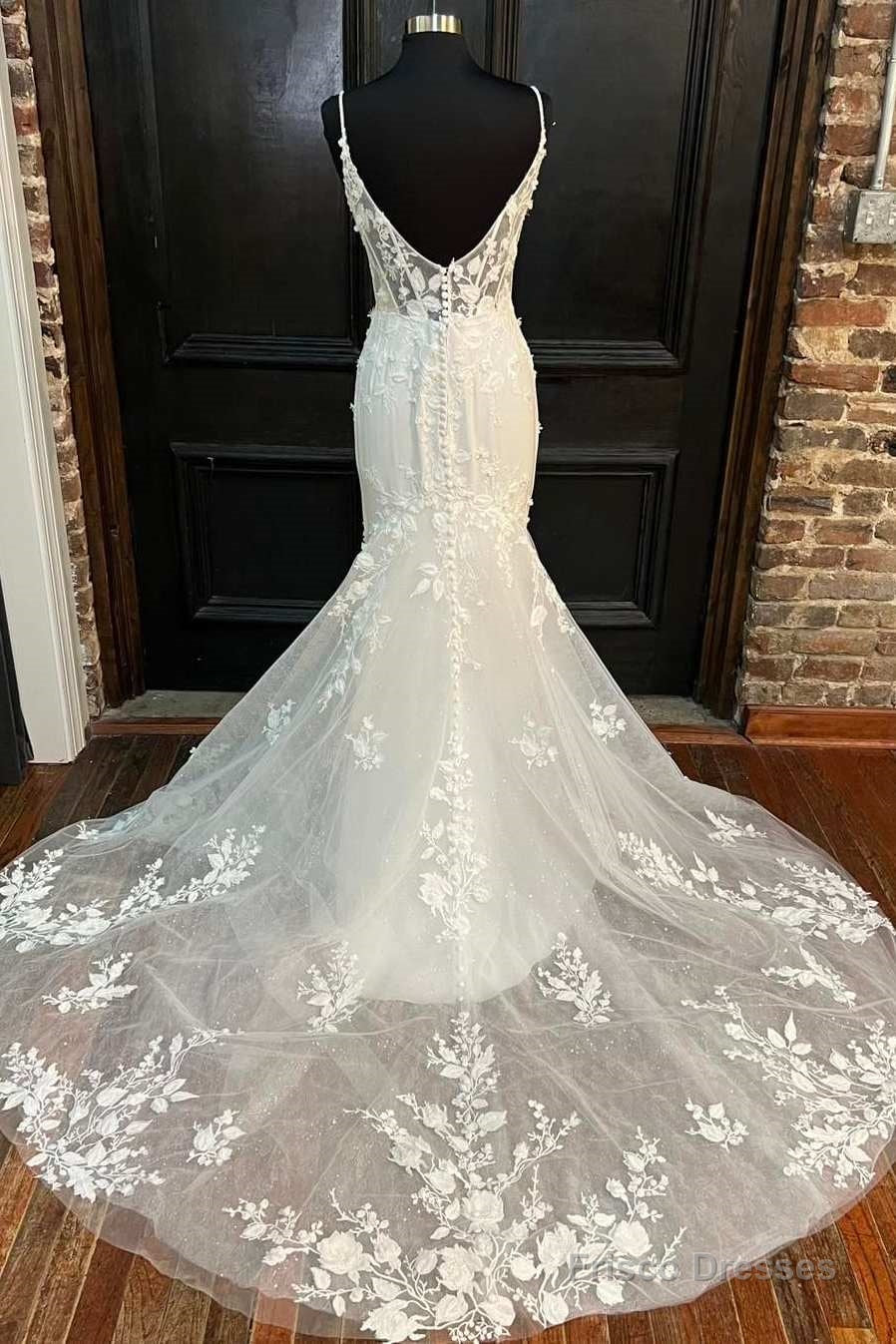 White Floral Lace Plunge V Mermaid Long Wedding Dress Secondary image