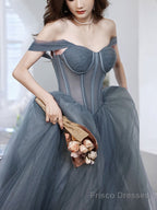 A Line Sweetheart Neck Gray Blue Tulle Long Prom Dress, Blue Evening Dress