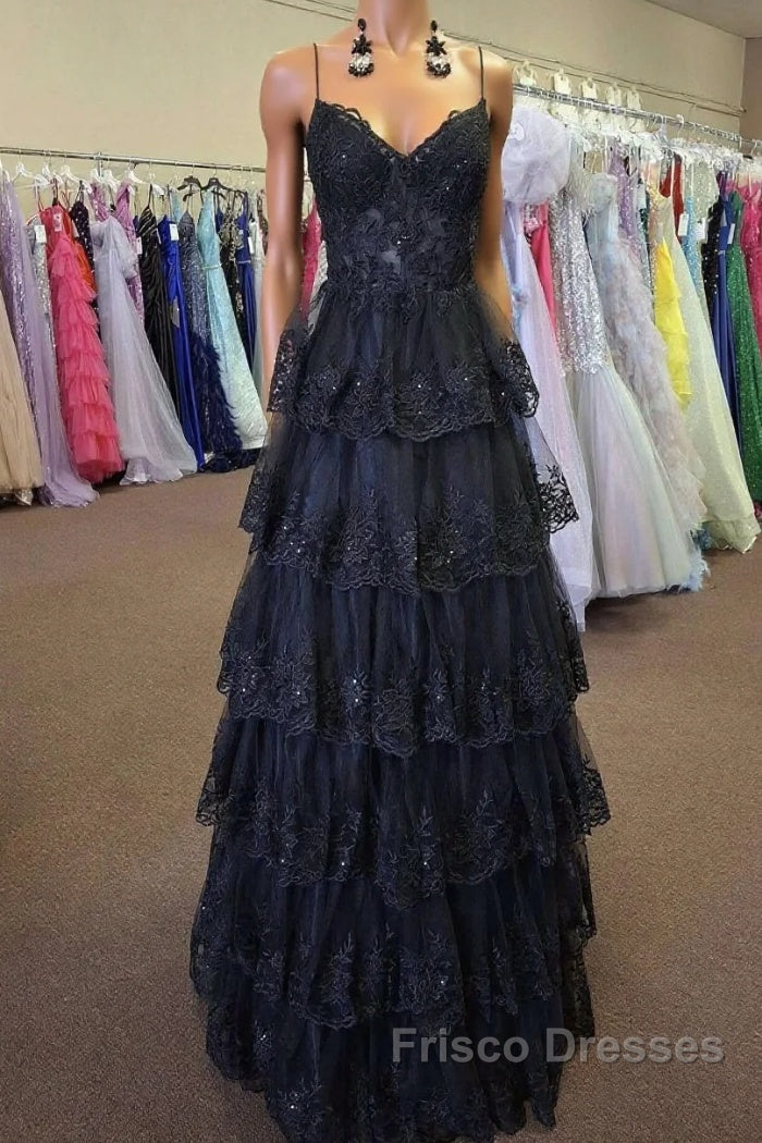 Straps Black Appliques Tulle Ruffle A-line Formal Prom Dress