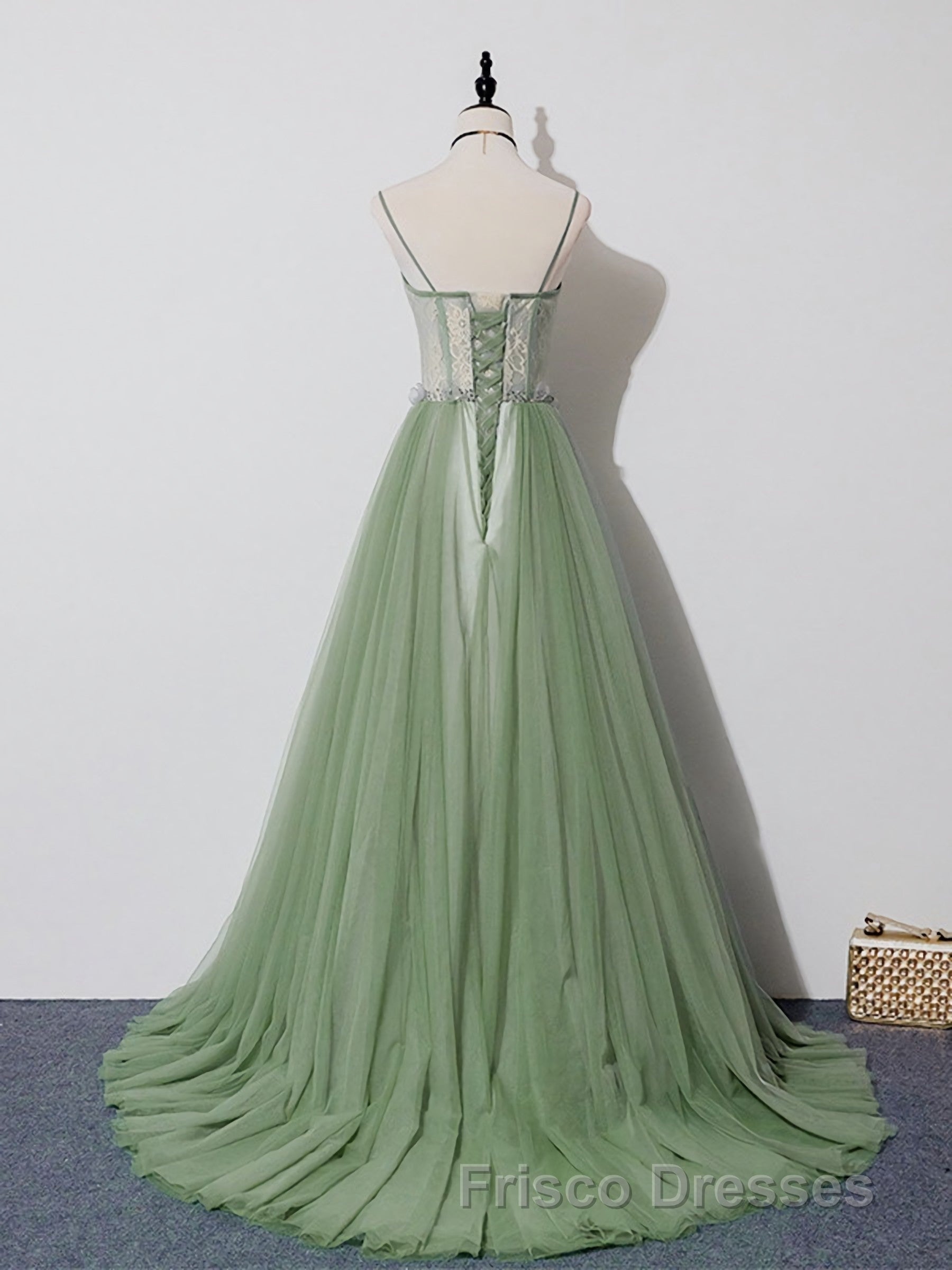 Green Tulle Lace Long Formal Prom Dress, Green Tulle Evening Dress, 3 Secondary image