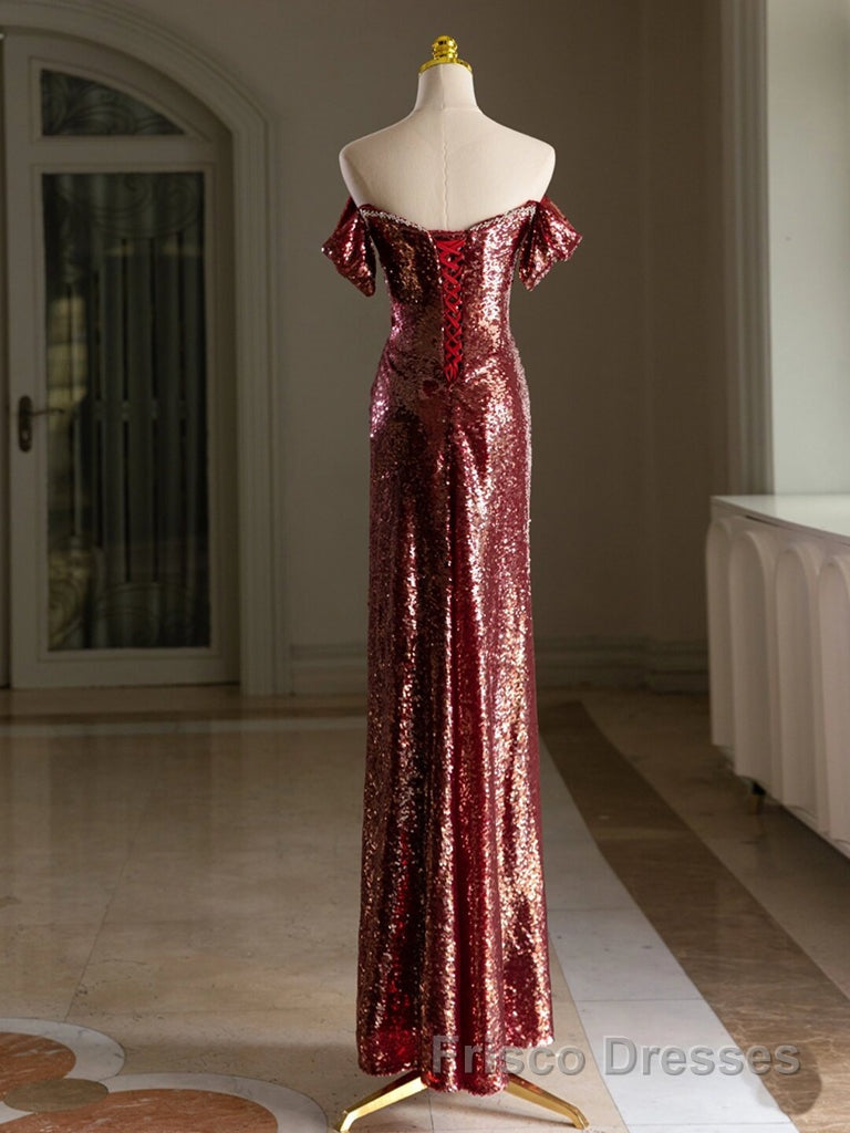 Simple Off Shoulder Sequin Burgundy Long Formal Prom Dresses, Burgundy Long Evening Dresses