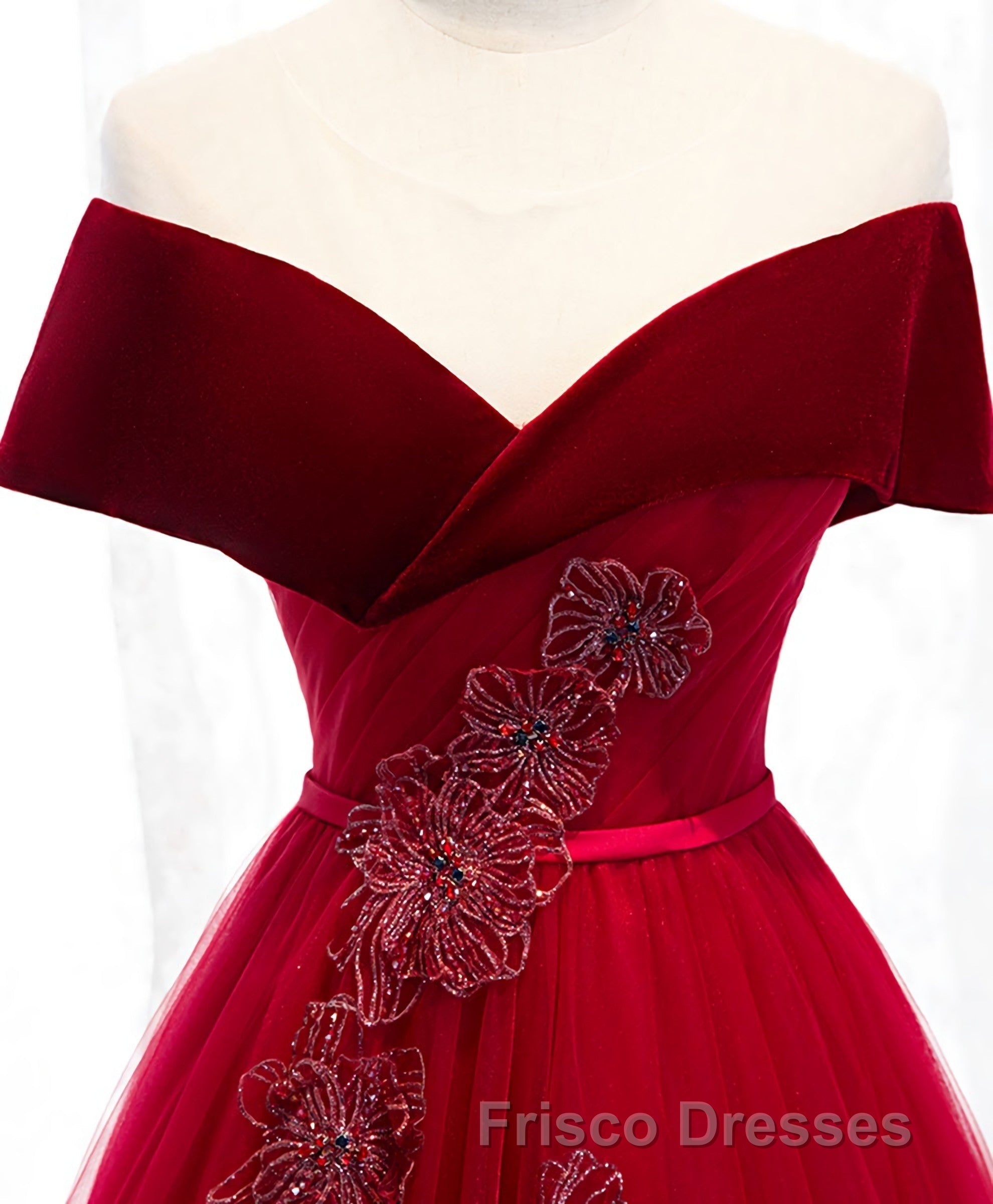 Burgundy Tulle Off Shoulder Long Formal Prom Dress, Burgundy Formal Prom Dress