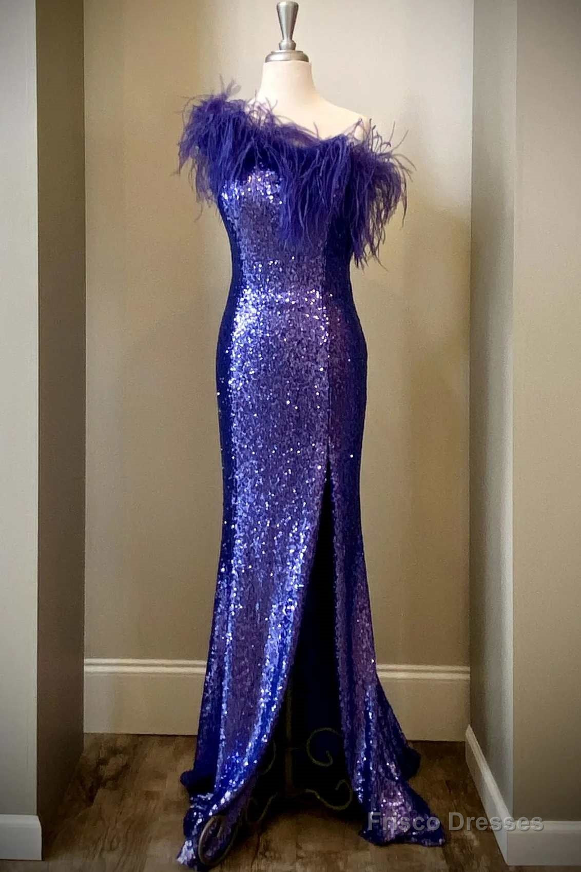 Purple Sequin Feather One-Shoulder Long Formal Dress with Slit Secondary image