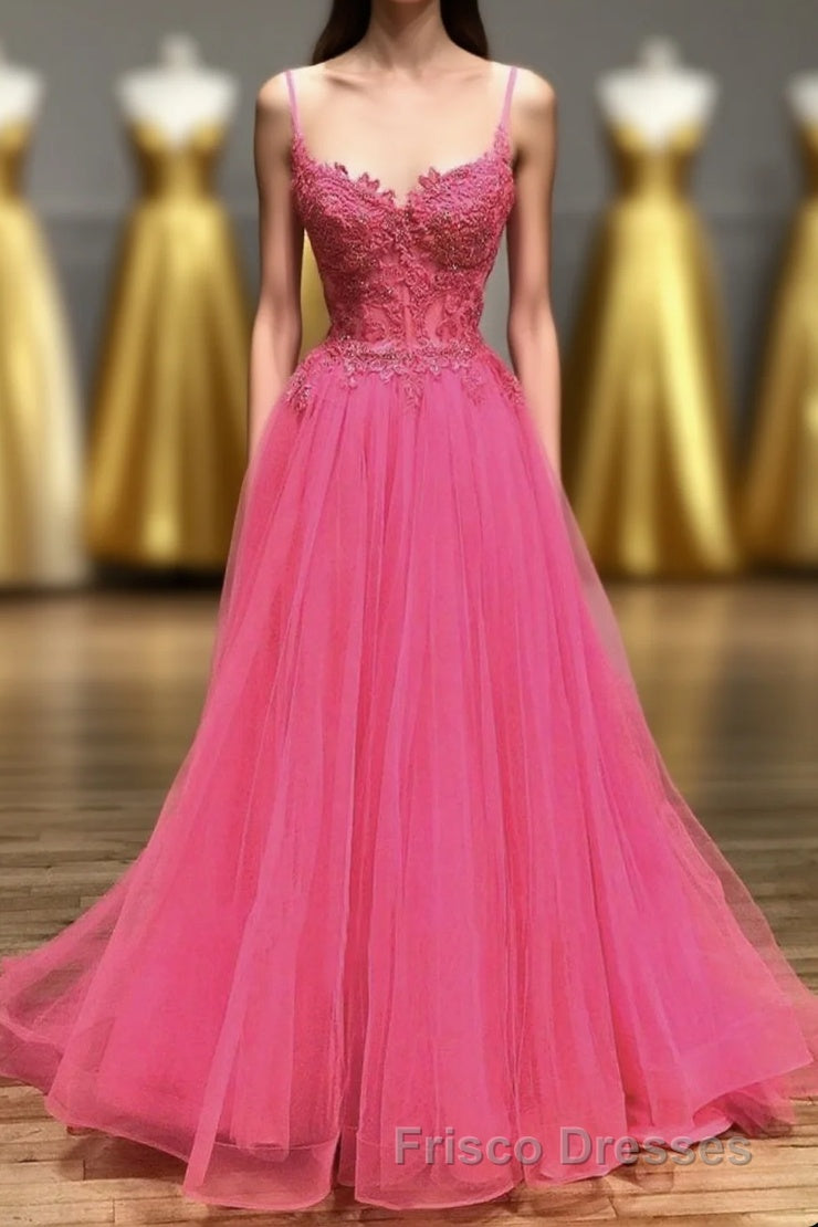 Hot Pink Floral Spaghetti Straps A-line Long Formal Prom Dress