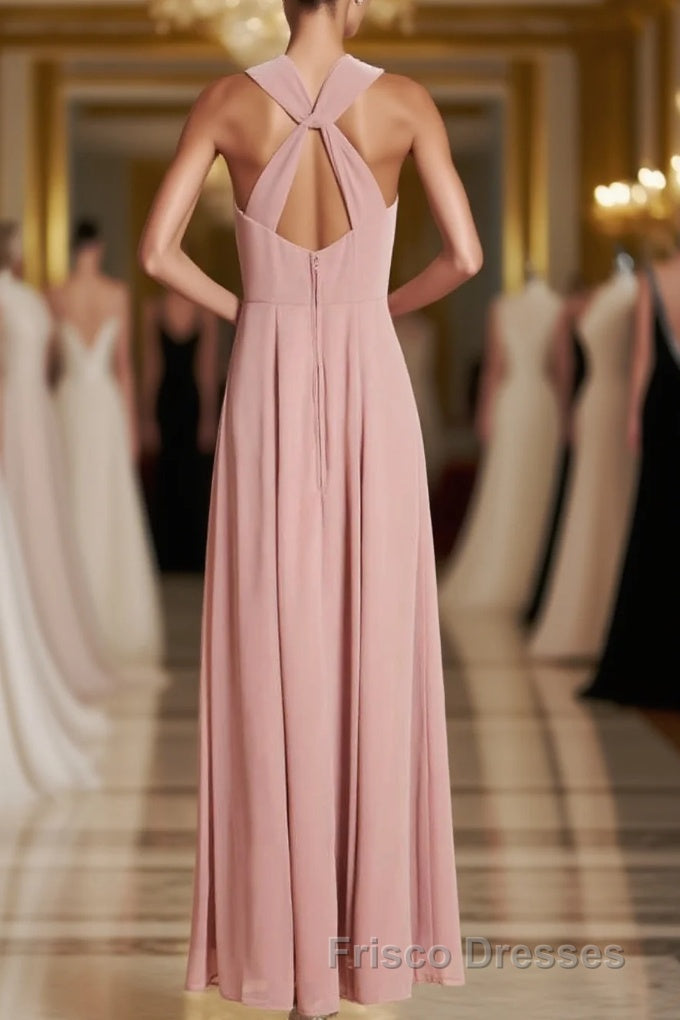 Dusty Pink Twist-Front Backless Long Formal Prom Dress