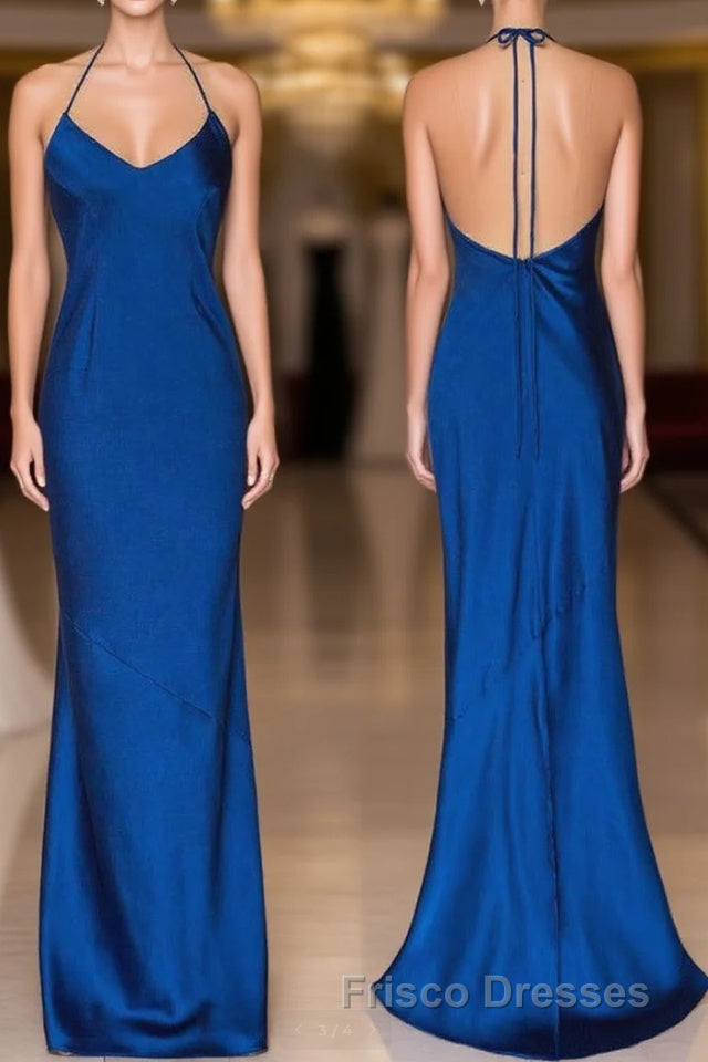 Mermaid Halter Royal Blue Satin Long Formal Prom Gown Main image