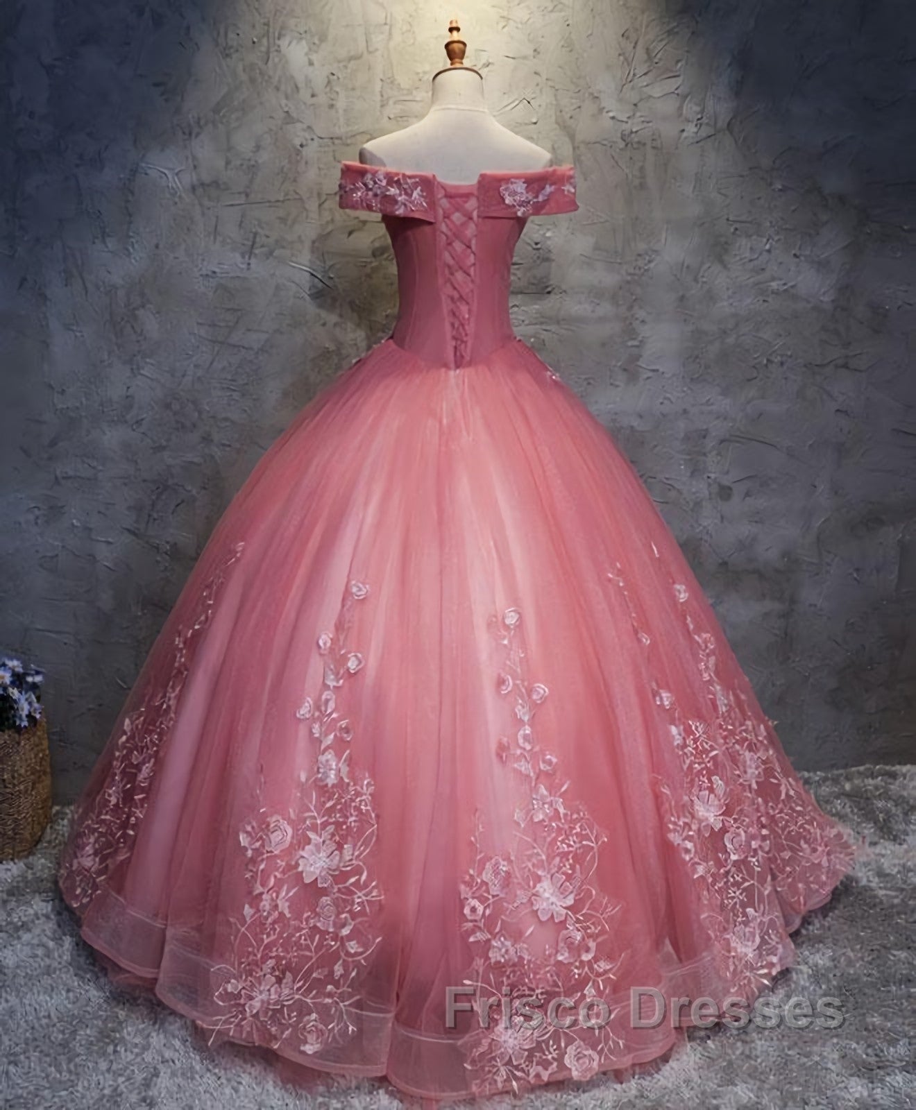 Pink Tulle Lace Off Shoulder Long Formal Prom Dress, Pink Tulle Evening Dress, 1