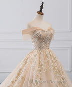Champagne Off Shoulder Tulle Lace Long Wedding Dress, Wedding Gown