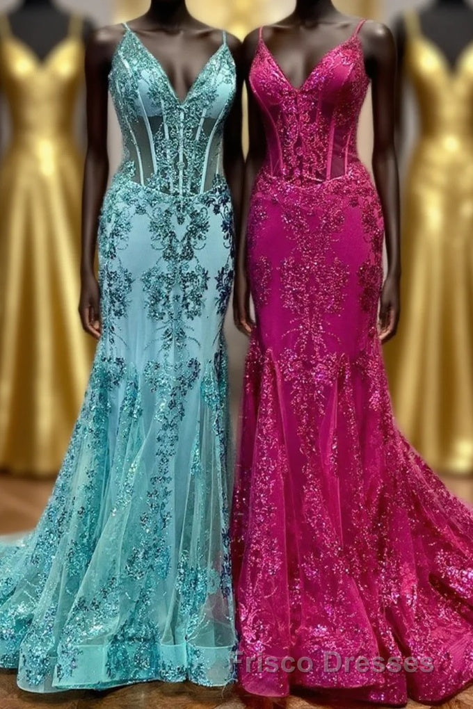 Fuchsia Mermaid Sequined Embroidery Tulle Long Formal Prom Dress Main image
