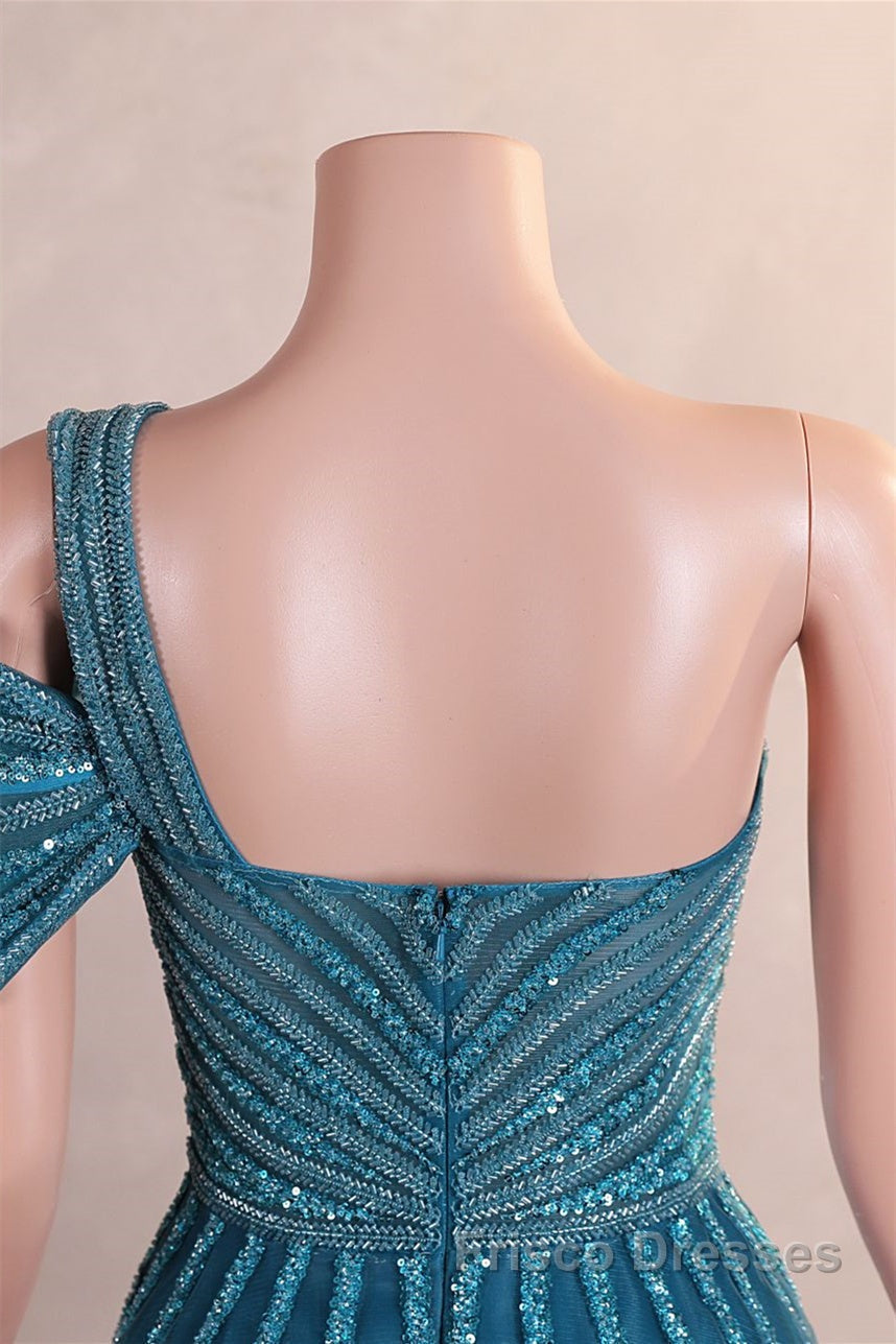 One-Shoulder Beading Sweep Train Backless Evening Dresses