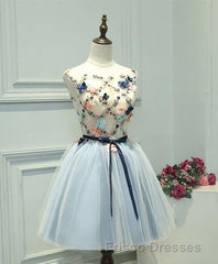 Gray Blue Tulle Short Formal Prom Dress, Tulle Homecoming Dress