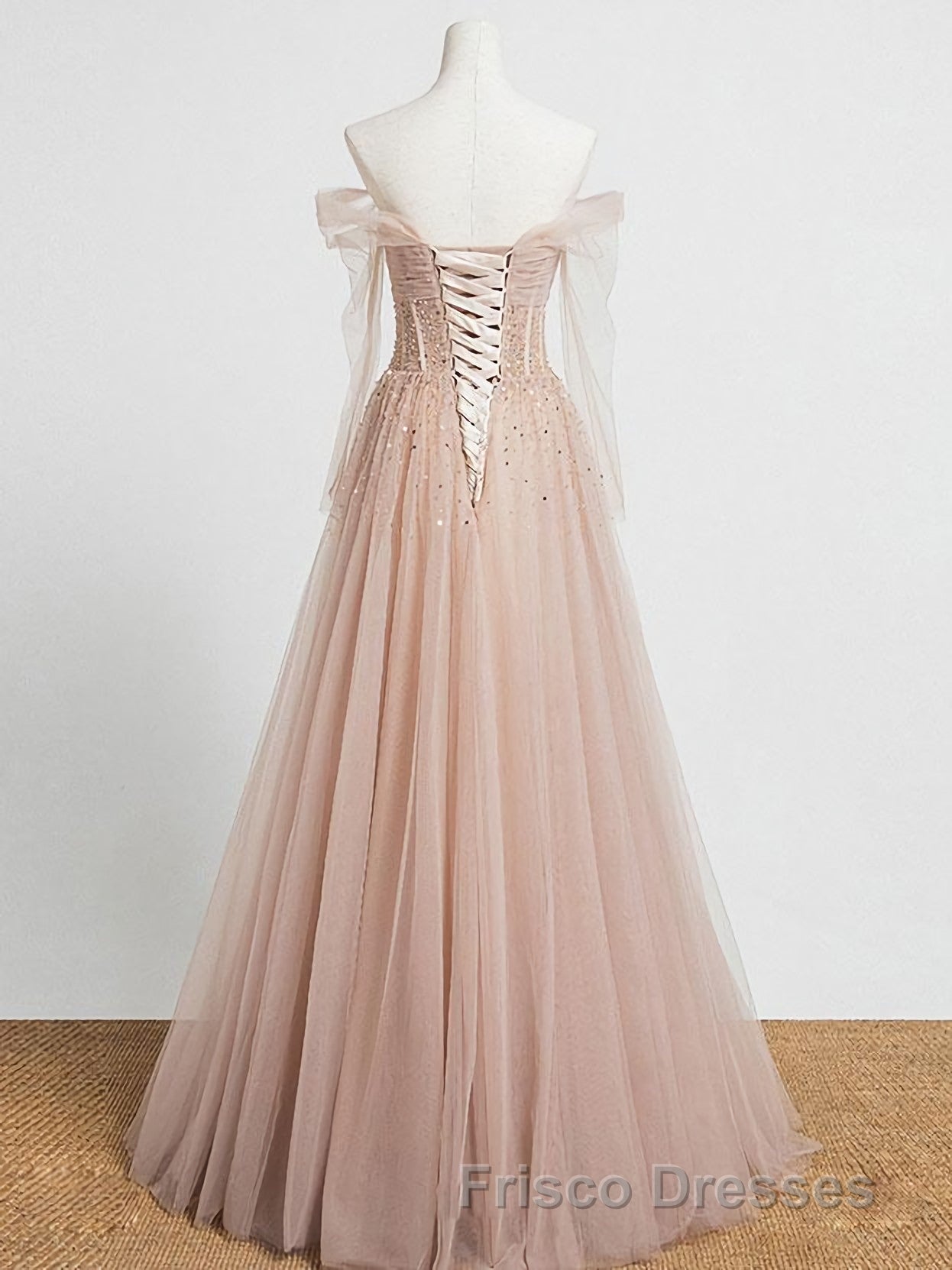 Champagne Pink Tulle Beads Long Formal Prom Dress, Champagne Evening Dress