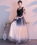 Black Sweetheart Tulle Sequin Long Prom Dress, Black Evening Dress