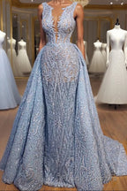 Elegant Blue Lace Sleeveless Deep V Neck Formal Prom Dress Party Dress
