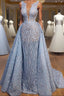 Elegant Blue Lace Sleeveless Deep V Neck Formal Prom Dress Party Dress