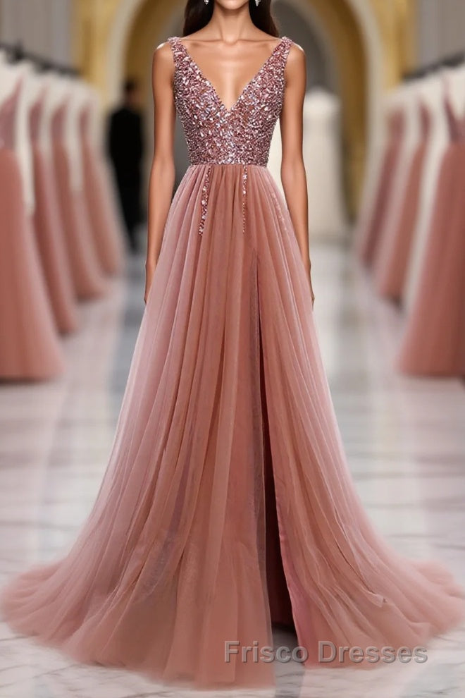 Pink V Neck Tulle Sequin Long Formal Prom Dress, Pink Formal Prom Dress Main image