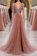 Pink V Neck Tulle Sequin Long Formal Prom Dress, Pink Formal Prom Dress