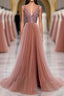 Pink V Neck Tulle Sequin Long Formal Prom Dress, Pink Formal Prom Dress