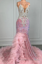 Pink Halter Mermaid Formal Prom Dresses with Sequins Beadings and Tulle Ruffle
