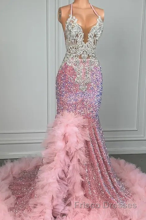 Pink Halter Mermaid Formal Prom Dresses with Sequins Beadings and Tulle Ruffle