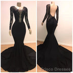 Unique Scoop Long Sleeves Backless Lace Appliques Tulle Sexy Mermaid Prom Dresses