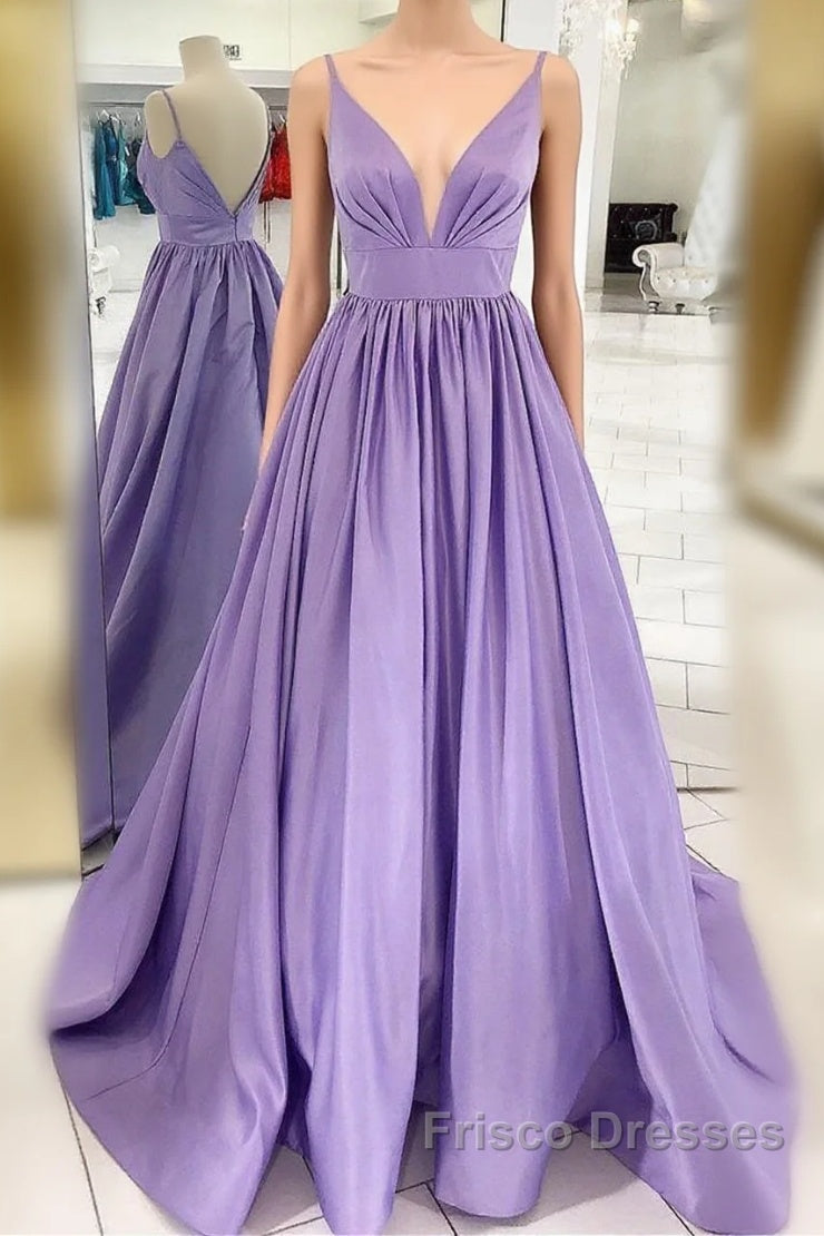 Straps V Neck Satin Maxi Formal Prom Dress Lavender Formal Evening Gown