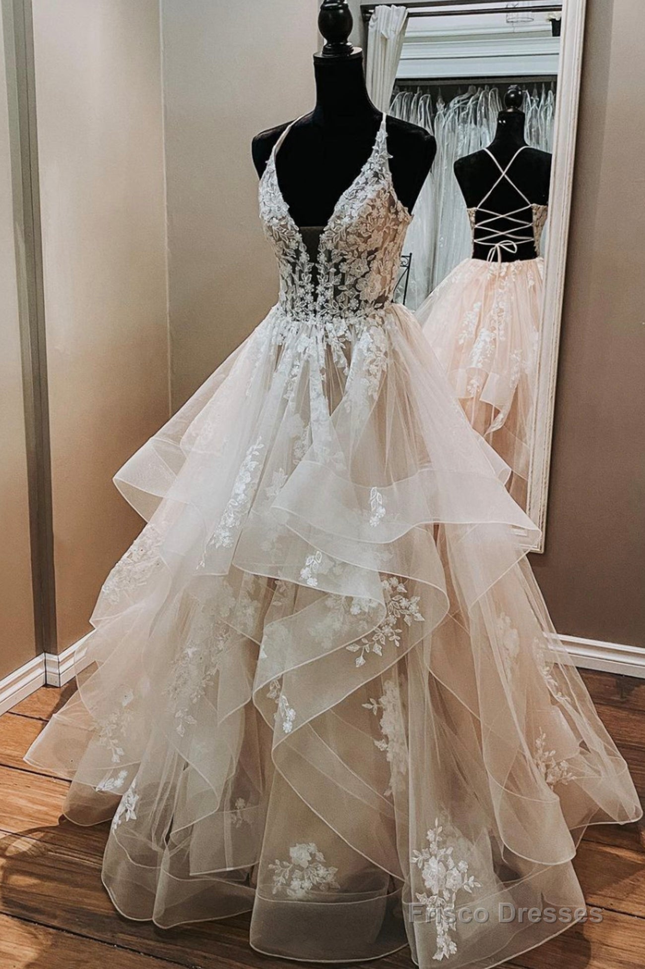 Champagne V-Neck Tulle Long Prom Dresses, A-Line Formal Evening Dresses Secondary image
