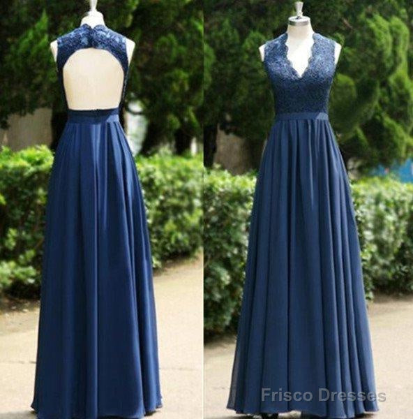 2025 Blue Floor-Length/Long A-Line/Princess Backless Lace V-Neck Chiffon Prom Dresses Main image