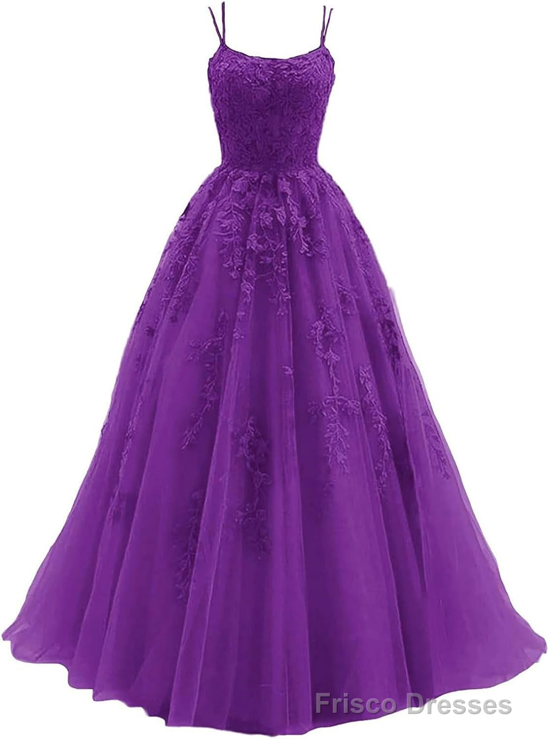 Women's Lace Appliques Prom Dresses Long Spaghetti Strap Ball Gowns Tulle Formal Dresses for Party